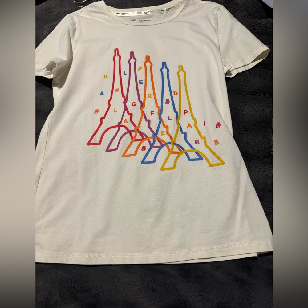 Karl Lagerfeld white Short Sleeve Tee with Multicolor Eiffel Motif